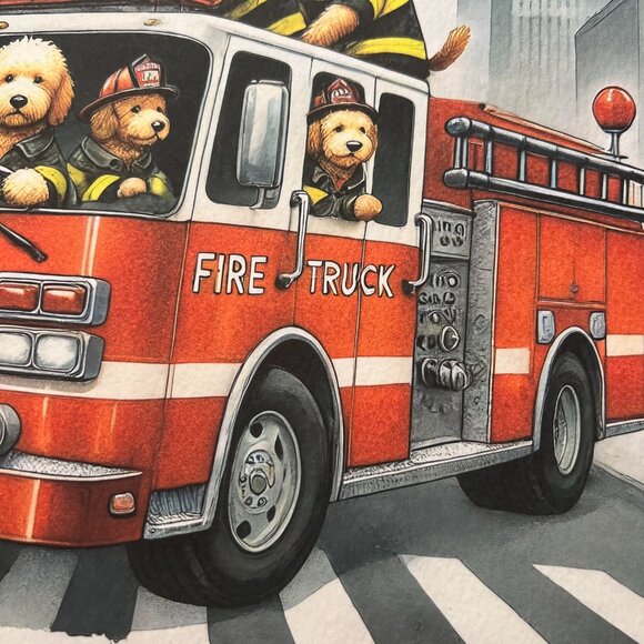 Fireman Golden Doodle Dog Fire Truck Art Print Limited Edition Signed & Numbered - Picture 8 of 9